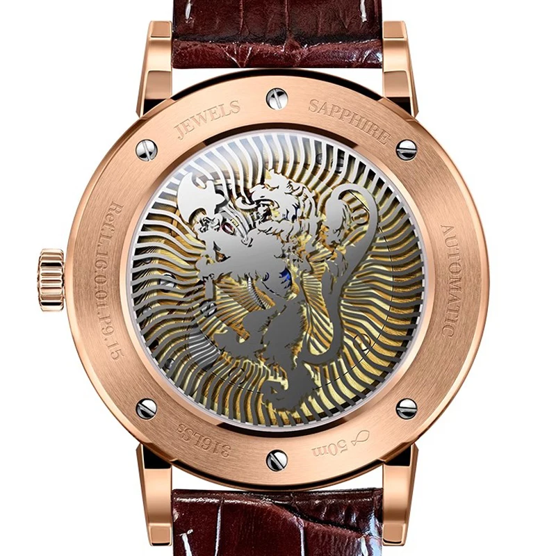 PONIGER หรูหราสายหนังแท้นาฬิกากลไกอัตโนมัติผู้ชายกระจกแซฟไฟร์นาฬิกากันน้ําวันที่สัปดาห์นาฬิกา