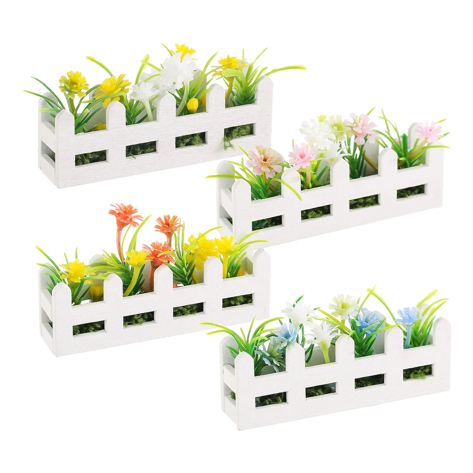 

4Pcs Natural Wood Simulation Fence with Mini Artificial Plants for Dollhouse Balcony Window Box Mini Garden Fencing Decor