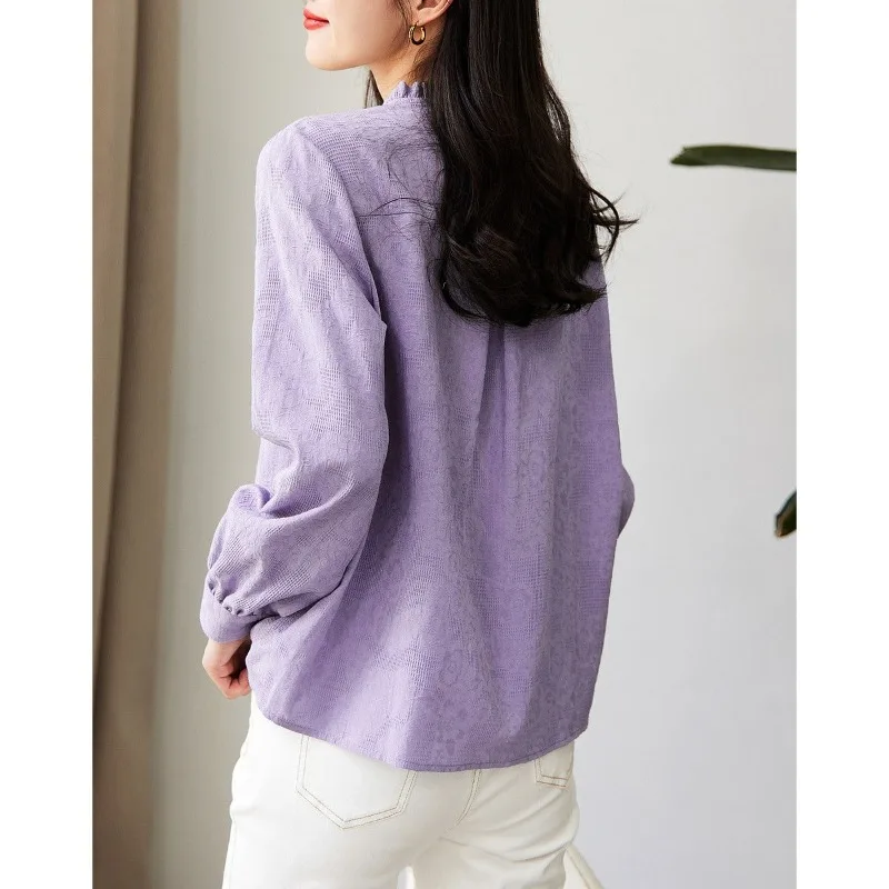 2023 Spring and Autumn Women\'s Solid Stand Collar Long Sleeve Single Breasted Slim Shirt Elegant Fashion Casual Office Lady Tops