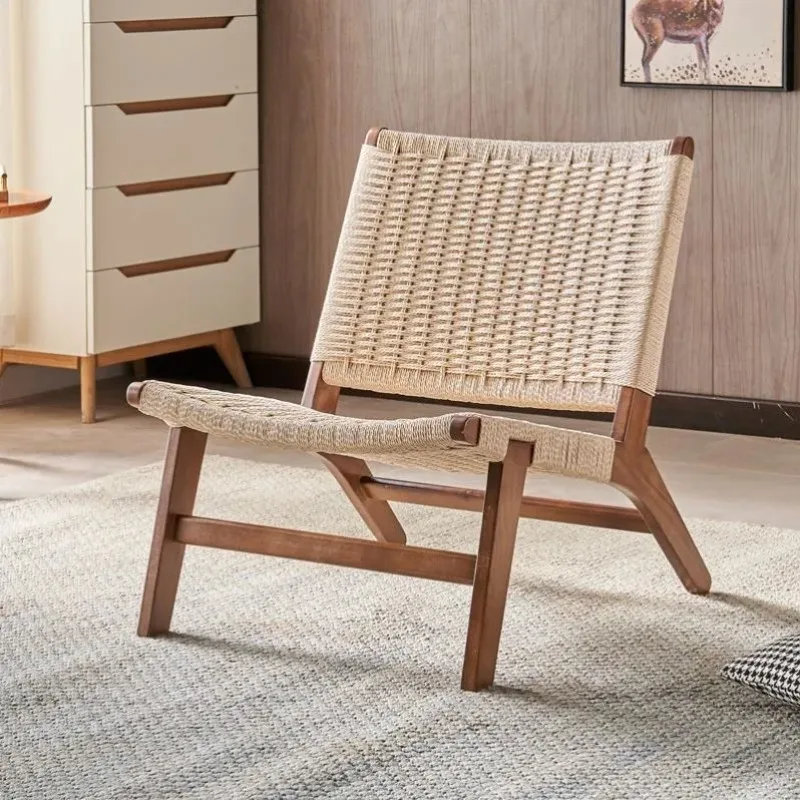 Rope Woven Solid Wood Lounge Chair, Nordic Balcony Leisure Chair