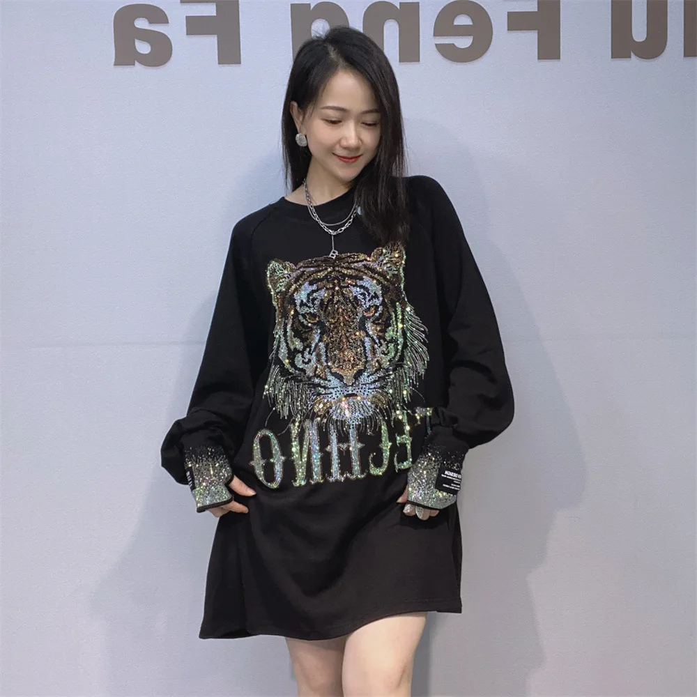 Fashion Cartoon Tiger Diamonds Oversized T Shirts Women Clothes Loose O Neck Long Sleeve Pullover Tops Tee Занзеа Женская Одежда