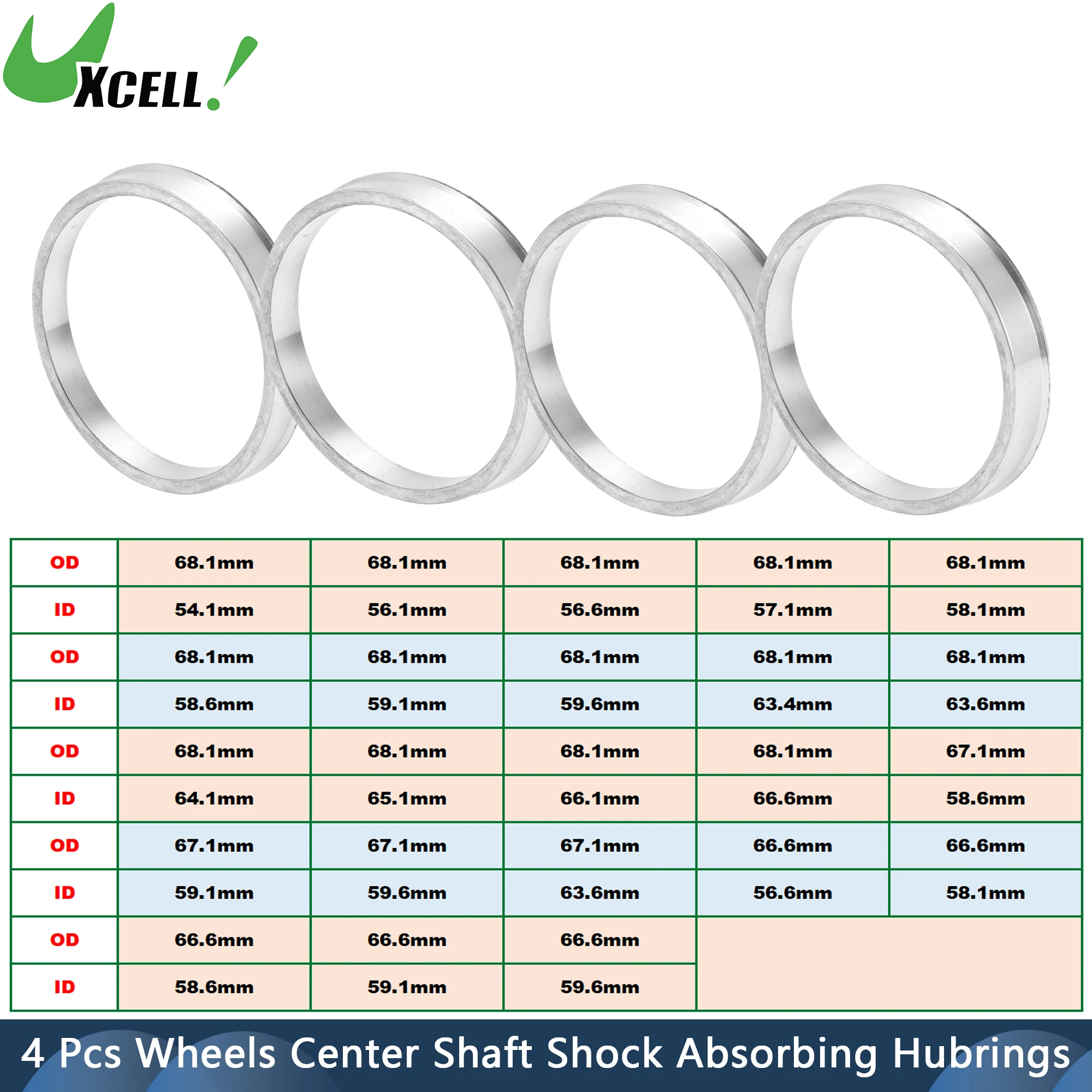 UXCELL 4pcs Car Wheel Hub Centric Ring OD 66.6mm 68.1mm to ID 54.1/56.1/56.6/58.1/59.6mm Wheels Center Shaft Shock Hubrings