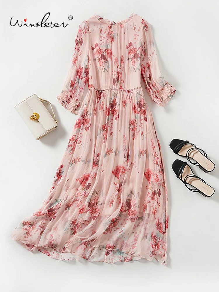 

Winsleter-Women 100%Real Silk Elegant Dress, Half Sleeve O Neck Print, Beach Vacation Fairy Dresses, 2025 Spring Summer D51912CC