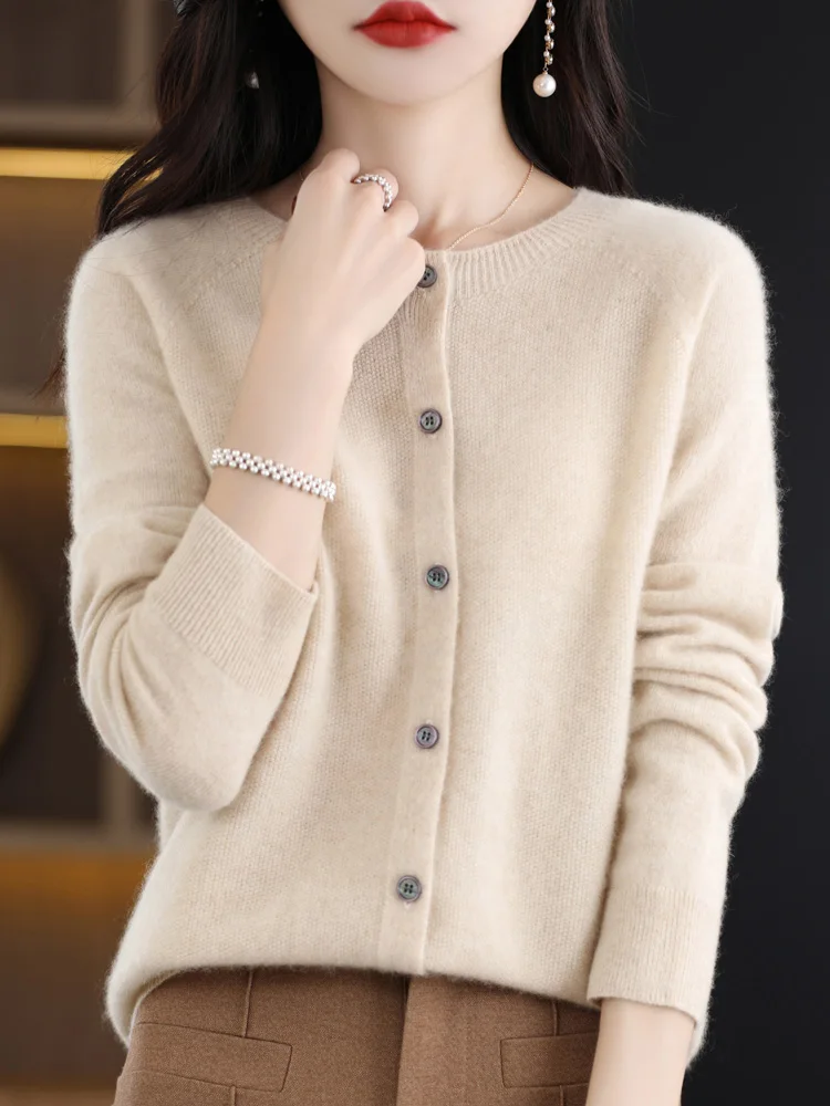 Women O-Neck Cashmere Cardigan 100% Merino Wool Sweater Buttoned Long Sleeve Knitwear For Spring Autumn Solid Basic Top Clothing