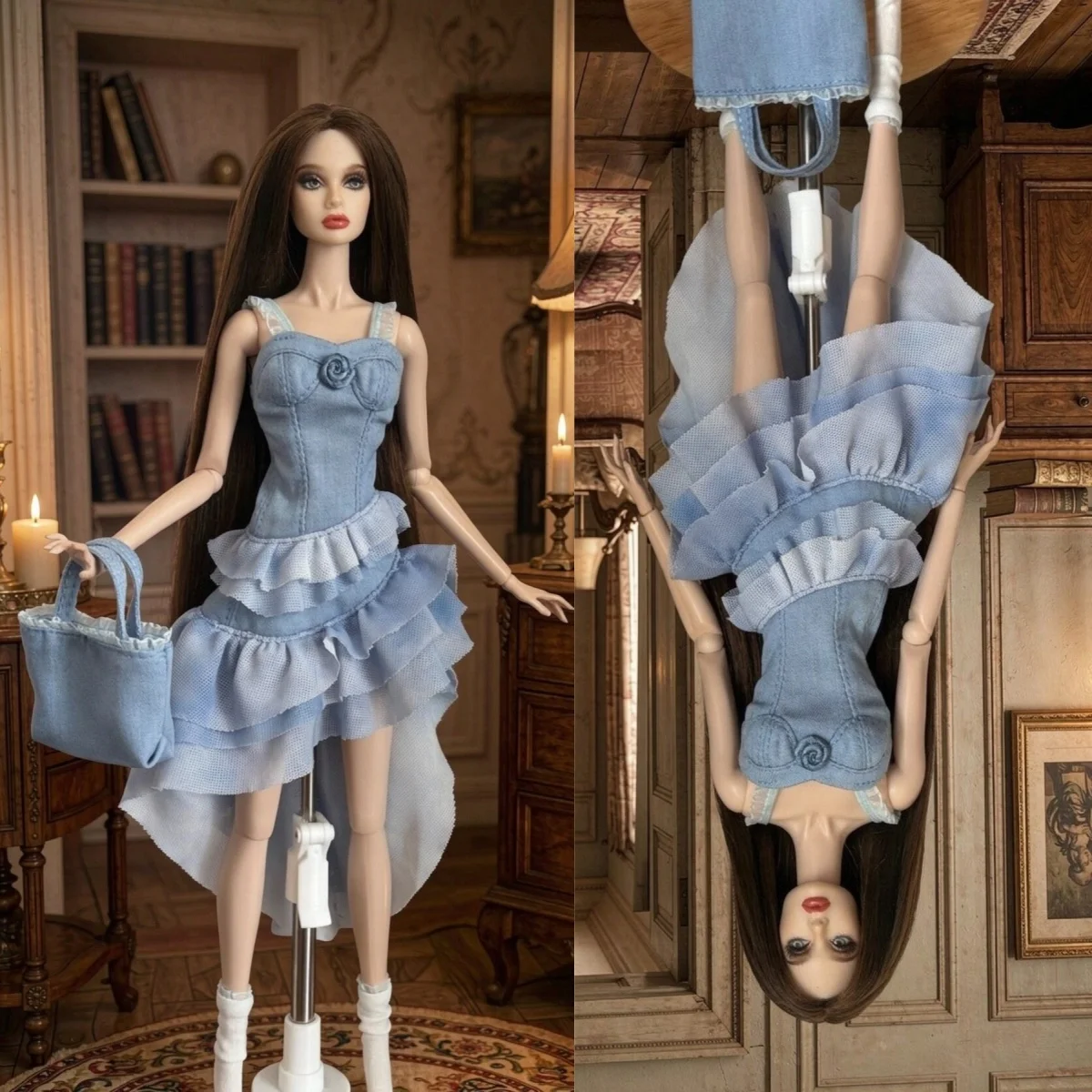 【Clothing Only】Handmade 1/6 Scale Blue Denim Cake Dress Handbag White Sock Set Fit IT PP FR2 ST Supermodel Body