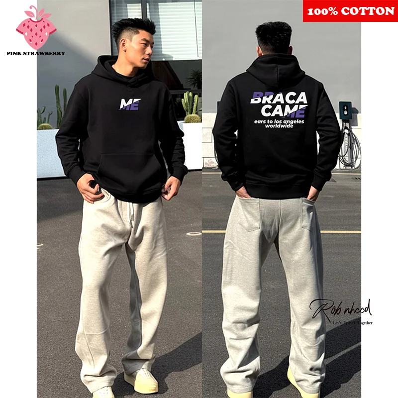 

Black Plush Print Hoodie Men Autumn Winter 2025 New Oversize Cotton Long sleeves Warm Pullover Sweatshirt Y2k Top Men clothing