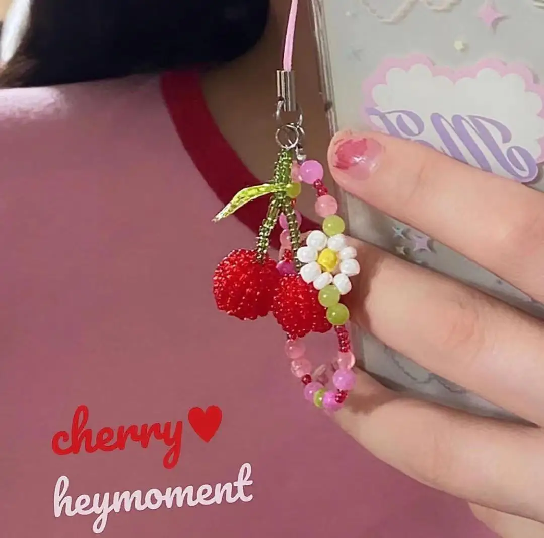

Sweet Cherry Phone Strap Charms Cute Acrylic Beaded Fruit Flower Mobile Phone Chains Keychains for Women Girls Accessories