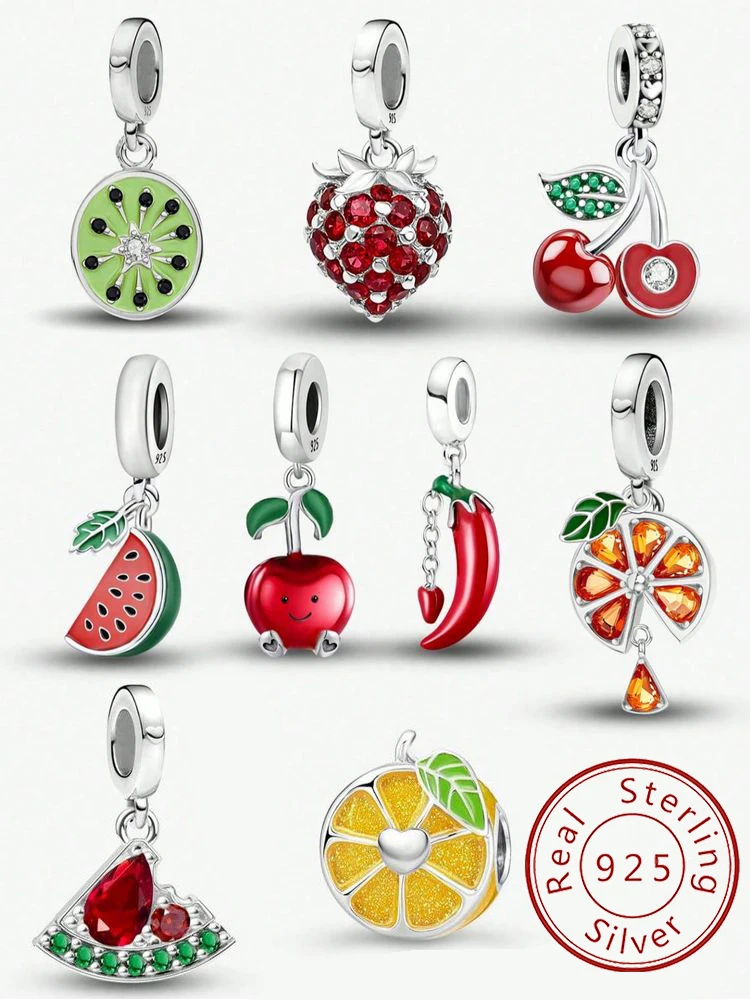 Colgante de Plata de Ley 925 con Diseño de Frutas (Sandía y Manzana) Naranja, Ideal para Pulseras DIY, Joyería para Mujer
