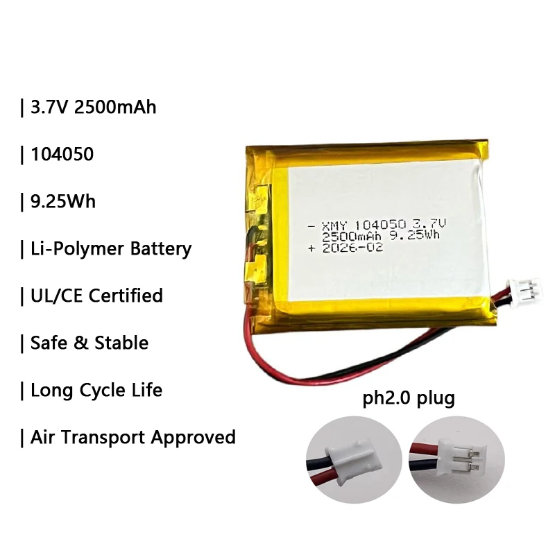 

103450 3.7V 2000mAh Polymer Lithium Rechargeable Battery Jst PH 2.0mm 2pin Plug for Camera GPS Navigator MP5 Bluetooth Headset
