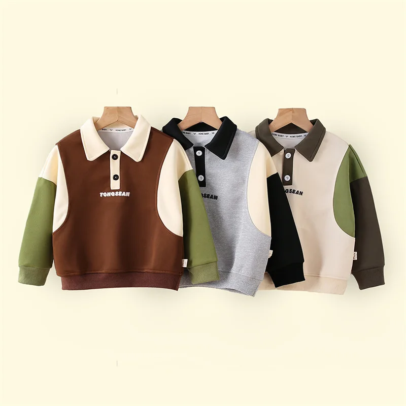 2024 Boys POLO Shirt Lapel Sweatshirt Autumn New Children's Fashion Casual Letter Coat Spring Kid Colorblocking Loose Tops 2-12Y