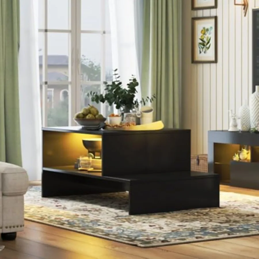 طاولة القهوة السوداء لغرفة المعيشة مع LED 35x22x16 بوصة طاولة القهوة الحد الأدنى طاولة مركزية ذكية 2 طبقة مستطيل صناعي Co