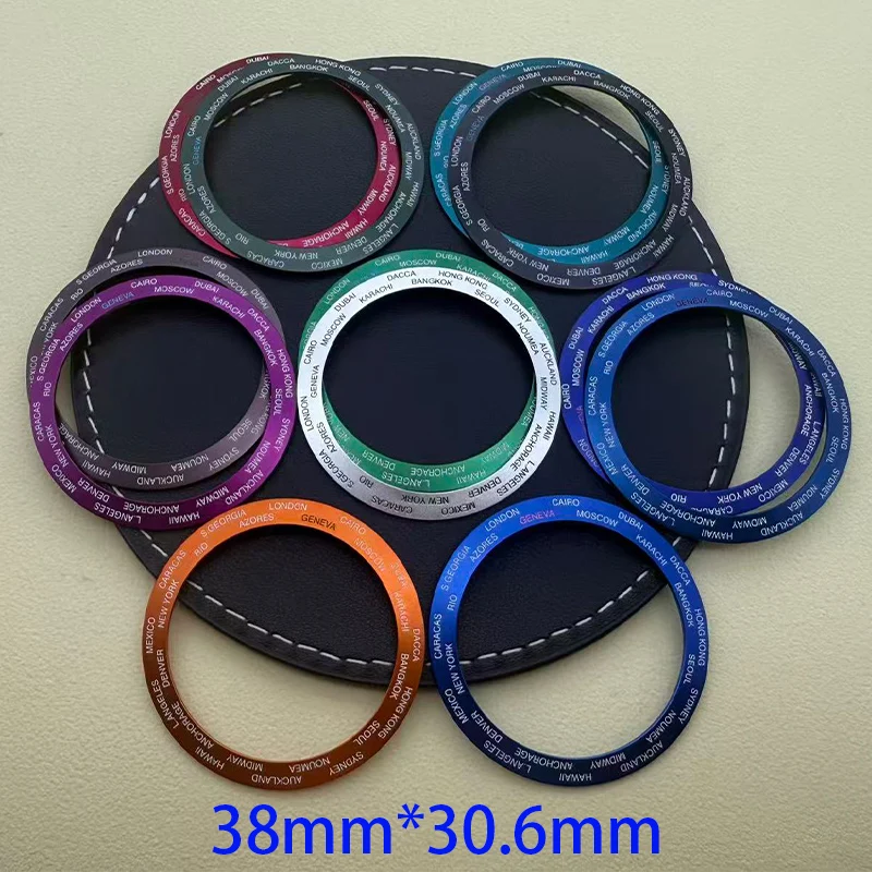 38mm*30.6mm Curved Bezel World Cities Name Watch Bezel Inserts Aluminium Ring English Marking Ring  For SKX007 SRPD GMT SUB Case