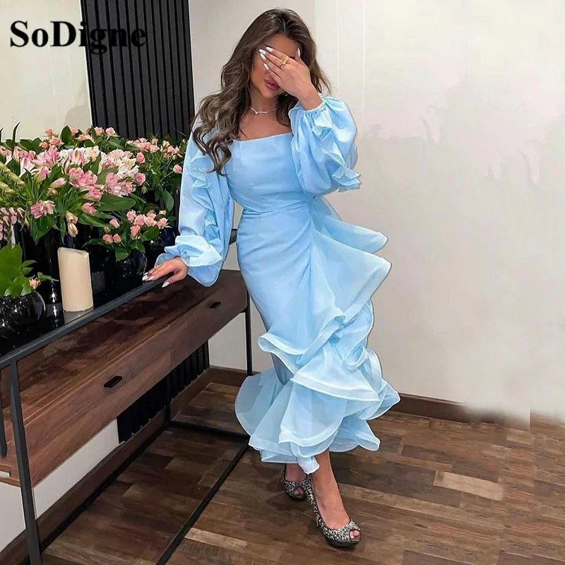 

SoDigne Sexy Blue Long Prom Dresses 2022 With Tiered Tulle Train Backless Arabic Mermaid Wedding Party Gown Graduation Dress