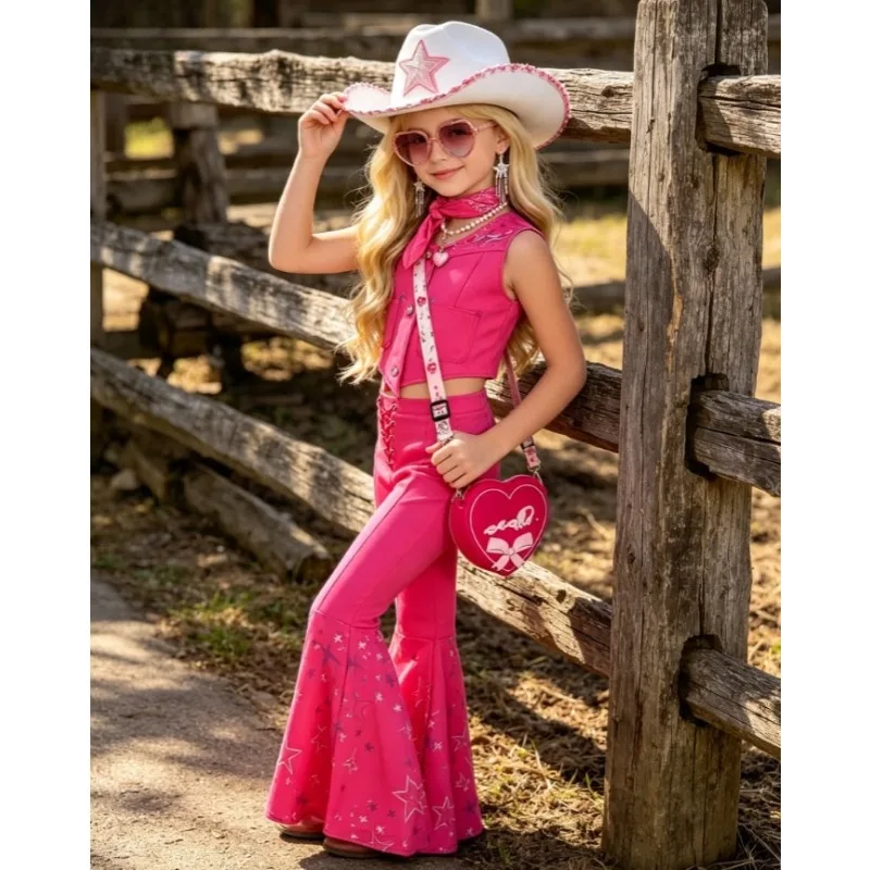 Halloween Girls Beautiful Pink Western Cowgirl Outfit Set 2-12Y Toddler Star Flared Pants Vest Suit  Themed Outdoor Stage Attire