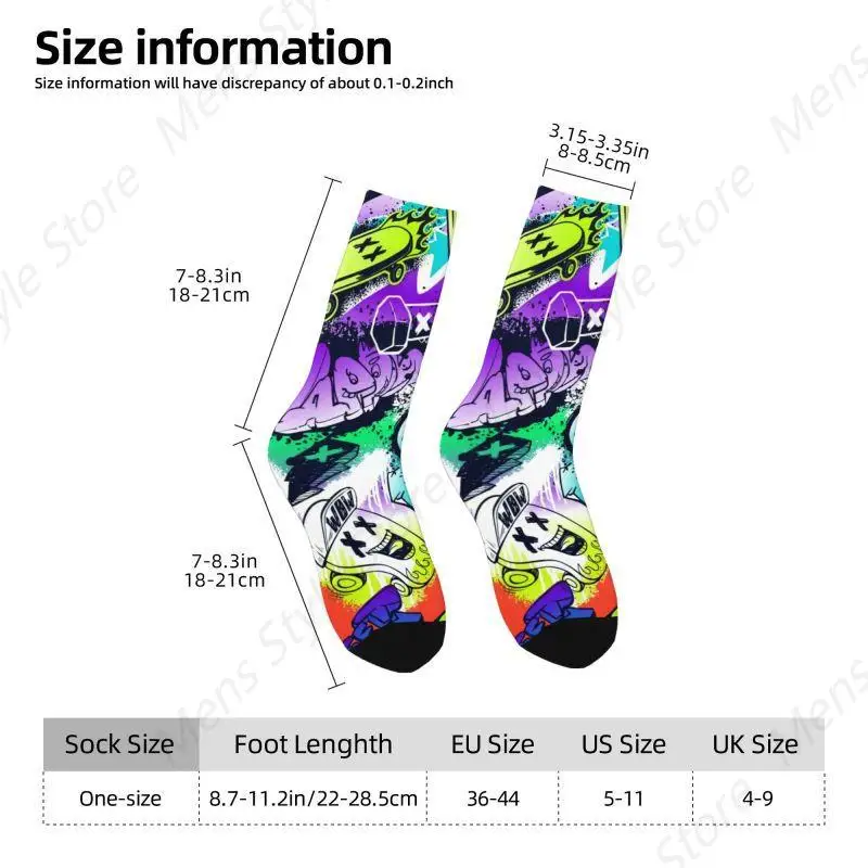 Benutzerdefinierte lustige Herren-Socken im Street-Art-Stil mit Wörtern und Cartoon-Monstern, Unisex, warme, bequeme Graffiti-Kunst-Crew-Socken