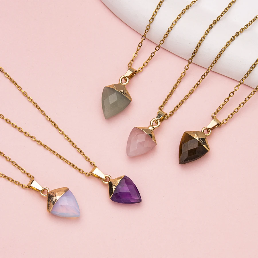 1pc stainless steel adjustable natrual crystal stone gemstone agate Section triangular column simple cusp pendant necklace