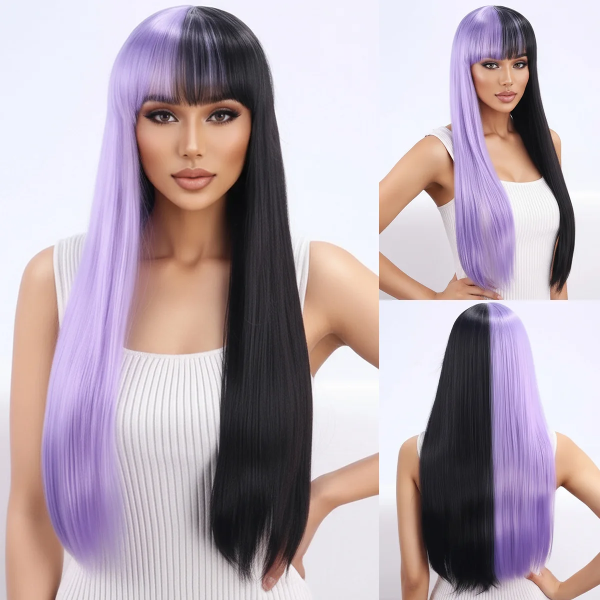 European and American fashion wig with bangs, black and purple dual tone cosplay, long straight hair-Synthetic fiber wig