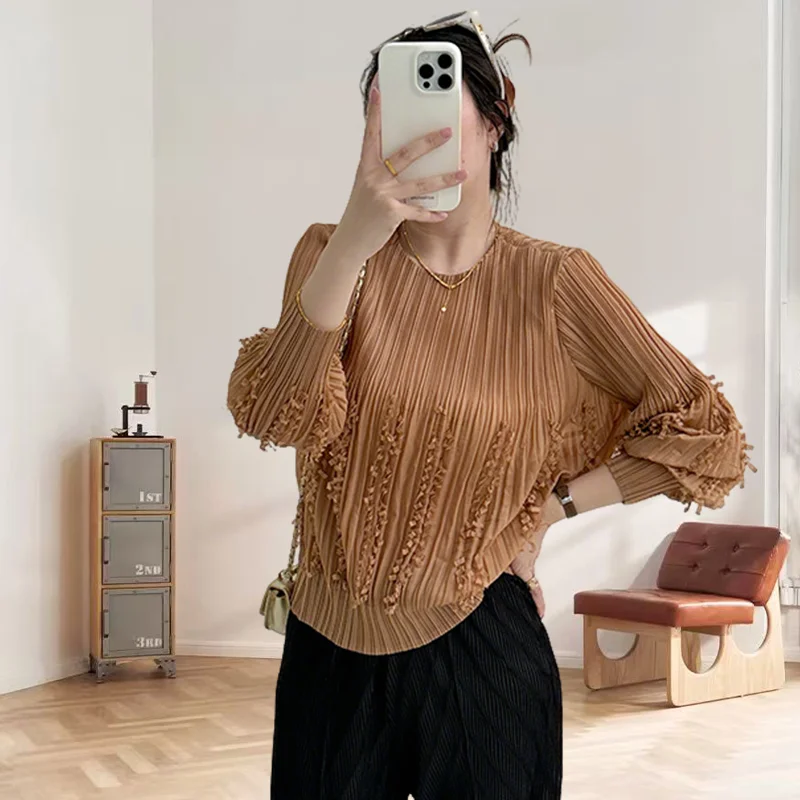 

Miyake Pleated T-shirt 2025 Summer Casual New Plisse Fringe Design Sense Long Sleeve Fold T-shirt Women Pleat Loose Pleats Tops