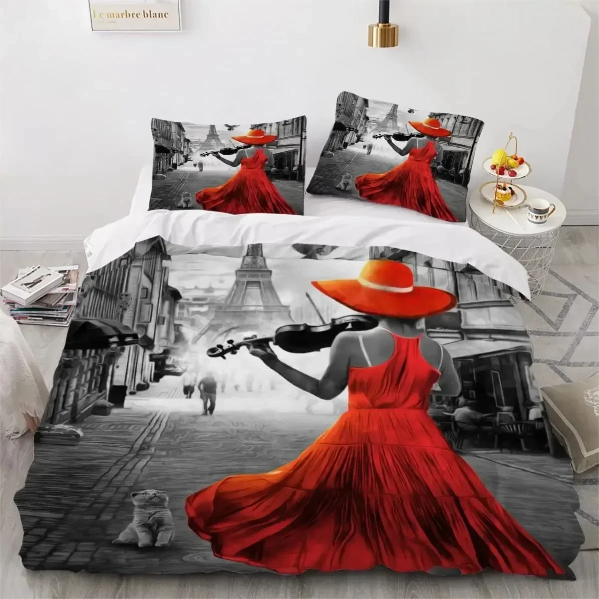 Eiffel Tower France Paris Bedding Set Boys Girls Twin Queen Size Retro Red Duvet Cover Pillowcase Bed Kids