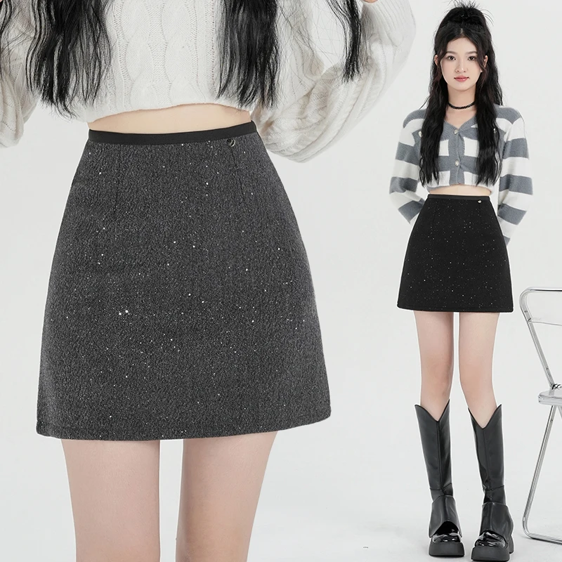 Womens High Waist A-Line Short Skirt Solid Color Woolen Sequin Wrap Hip Winter High Street Fashion Sexy Casual