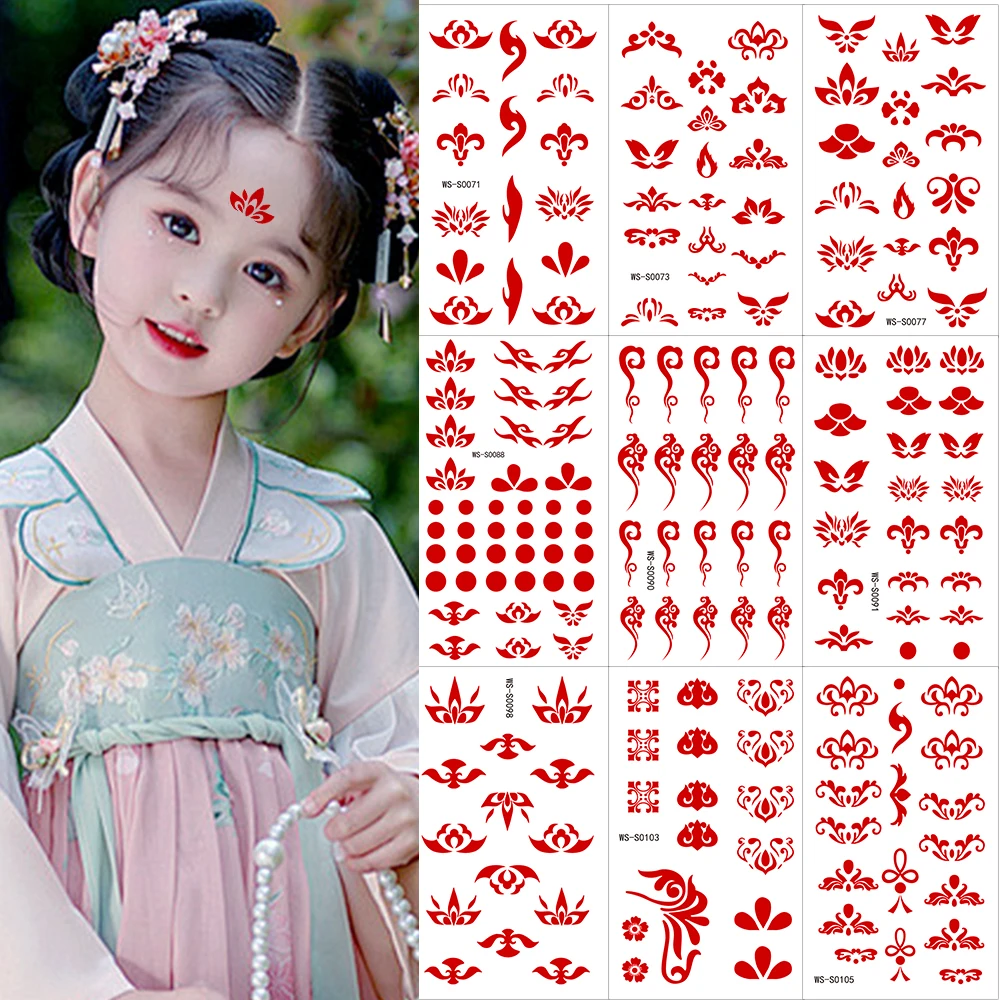 35pcs Eyebrow Flowers Stickers Red Dot Forehead Lotus Stickers Waterproof And Long Lasting Realistic Temporary Tattoo Stickers *