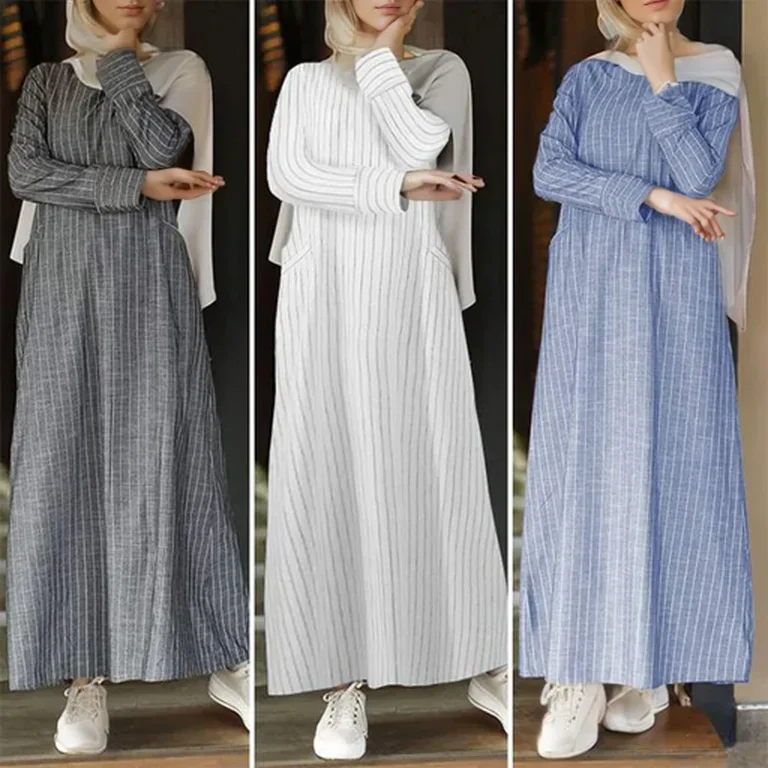 

Женская мода Ретро повседневная одежда с длинным рукавом в полоску из хлопка свободное платье А-образной формы на все сезоны