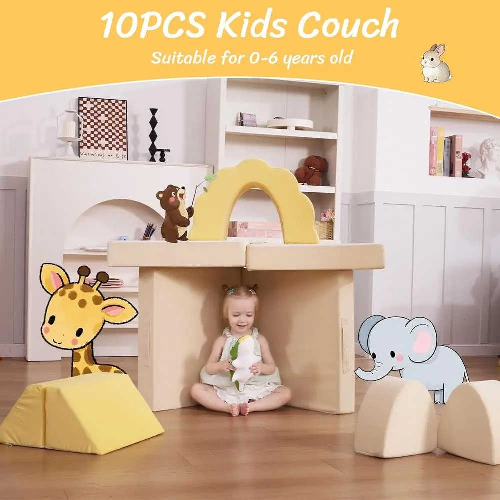 طقم أريكة للأطفال الصغار مكون من 10 قطع، أريكة إسفنجية متعددة الوظائف لغرفة اللعب بحجم متوسط، أصفر وبيج #5