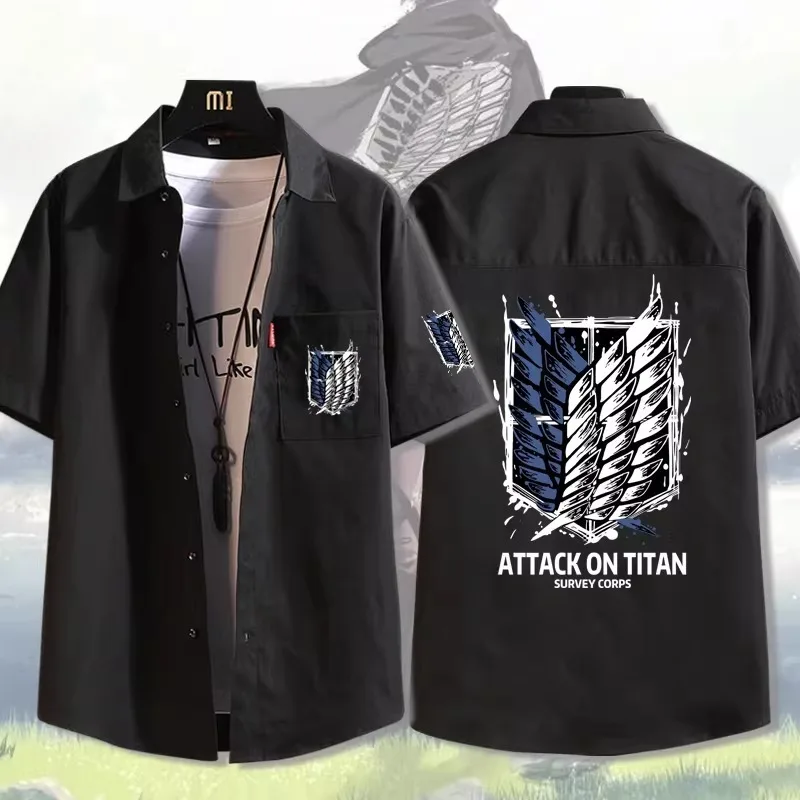 

Атака Титанов Повседневная рубашка с коротким рукавом Свободный топ унисекс с принтом на пуговицах