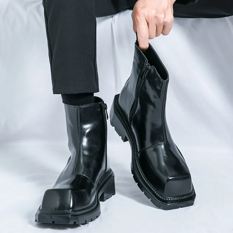 New Large Square Toe Thick Sole Chelsea Boots Genuine Leather Women/men Style Black Slip On Platform Fashion Mid-Calf Boots