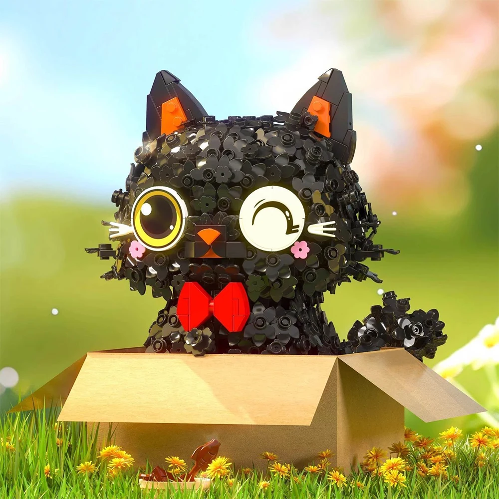 黒猫の積み木セット、かわいいペット動物モデル、大人向けマイクロブリックdiyキット、クリエイティブな家の装飾ギフト、コレクタブルおもちゃ