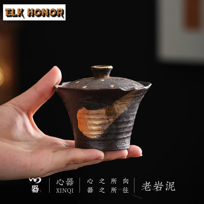 150ml Wood-fired Gold Drawing Handheld Gaiwan Luxury Tea Tureen Tea Bowl With Lid Kit Tea Brewing Cover Bowl Kung Fu Teaset Gift