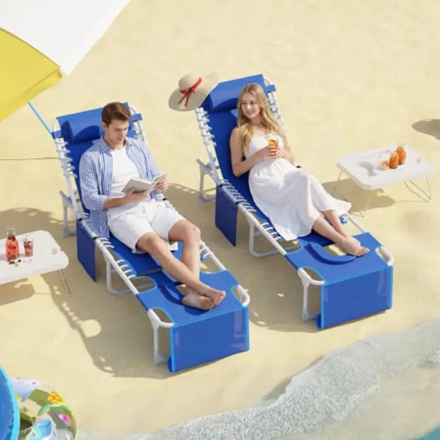 Beach tanning chair with face hole, 3-in-1 outdoor lounge chair featuring folding table, 5 reclining positions, removable pillo