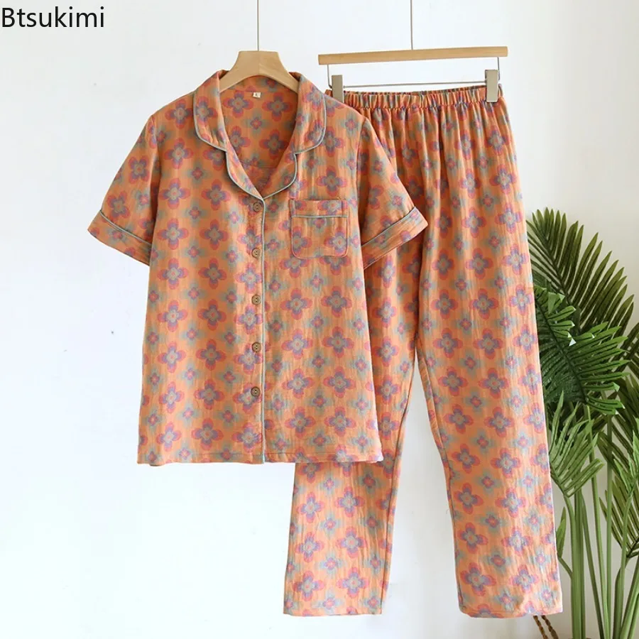 2025 Women's Spring Summer Pajama Sets 100% Cotton Short Sleeve Suit Tops and Pants Jacquard Pajamas Large Home Clothes Female