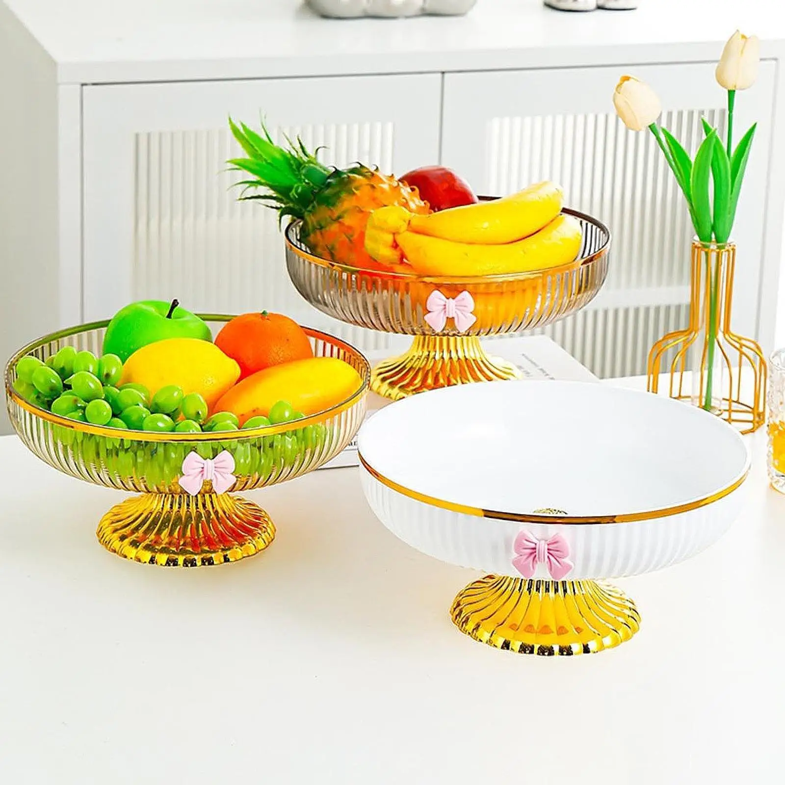 Fruit Plate Pedestal Bowl Round Multifunctional Ribbed Fruit Bowl Candy Snack Organizer for Kitchen Decoration