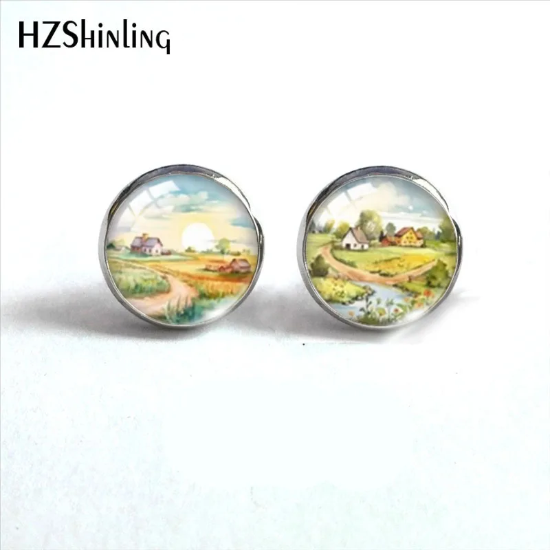 2023 New Sunny Landscape Stud Earring Sunset Round Earrings Handmade Glass Dome Photo Printed Jewelry Gifts