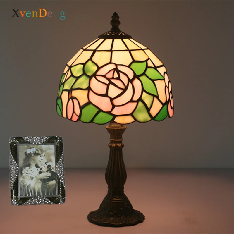 

Table Lamps Tiffany Mediterranean European Vintage Rose Stained Glass Bedroom Nightstand Bedside Study Restaurant Bar Desk Lamp