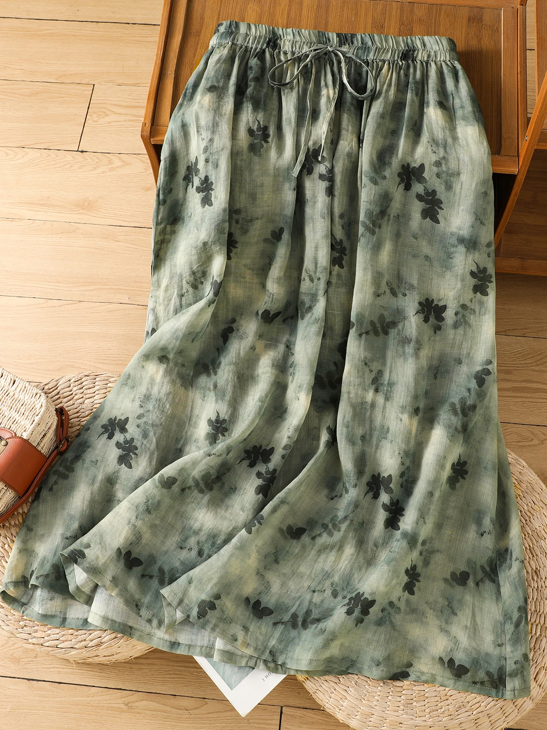 Retro chinês tinta de água tingido linho f saia feminina solta artística versátil meados de comprimento a linha saia verão nova chegada