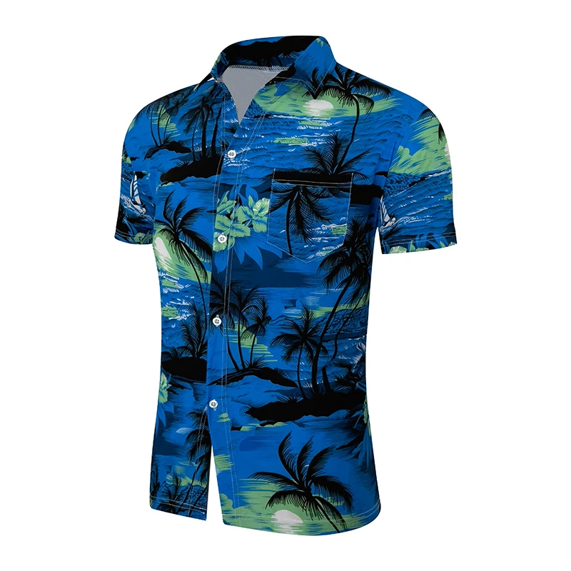 2025 Men's Summer Short Sleeve Button Printed Shirt Thin Beach Tops Turn Down Collar Shirt with Pocket