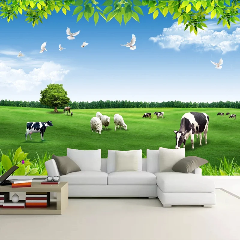 

Custom Wall Mural Paper Blue Sky White Clouds Cows Grassland Natural Scenery 3D Photo Background Living Room Bedroom Wallpaper