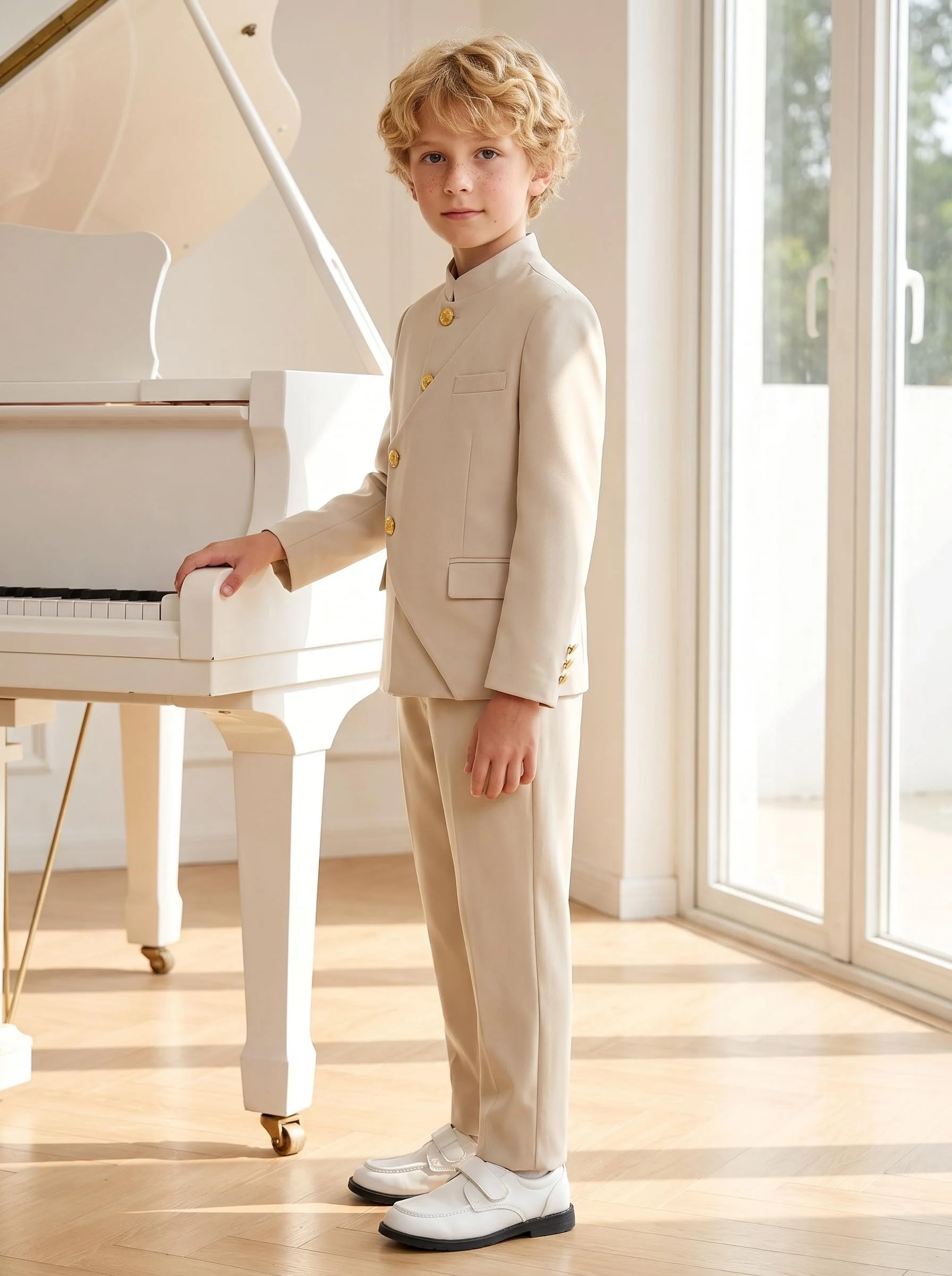 Children's New Chinese Tunic Sui Kids Chinese Style Stand-up Collar Jacket Fower Boys Host Piano Performance Suit
