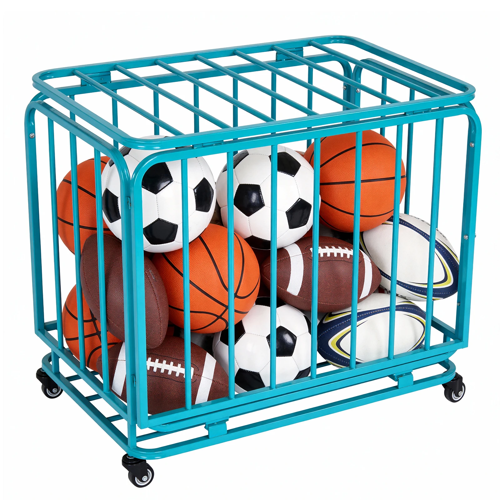 

Folding Sports Equipment Organizer Storage Basket with Wheels and Lid Stackable Rolling Cart for Garage School Kindergarten