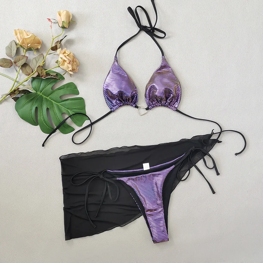 sexy glitter purple sequine string halter micro bikinis sets 3pcs with mesh black cover skirt swimwear swimsuit bathing suit