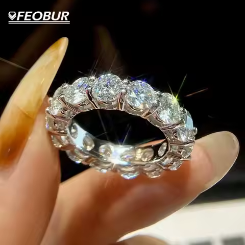 FEOBUR 5mm D Color Moissanite Ring with Certificate Women S925 Sterling Silver Full Diamond Wedding Eternity Band Jewelry Gift