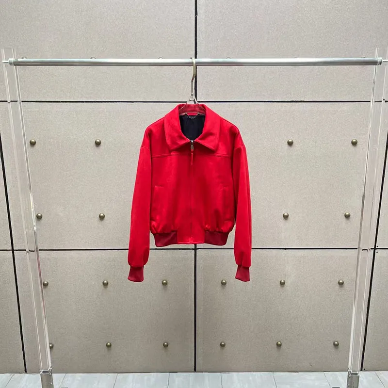 Women's Pilot Jacket, Short Zip-Up Coat, Red Faux Suede Jacket Top, Winter, New Arrival, 2025, Y2K, Fashionable Versatile Parka