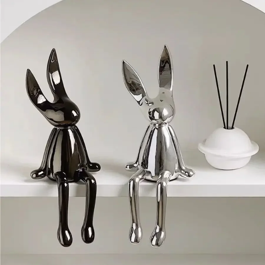 Creative Sitting Posture Rabbit Figurines Luxury Living Room Bookshelf Silver Rabbit Sculpture Art Aesthetic Kawaii Home Decor