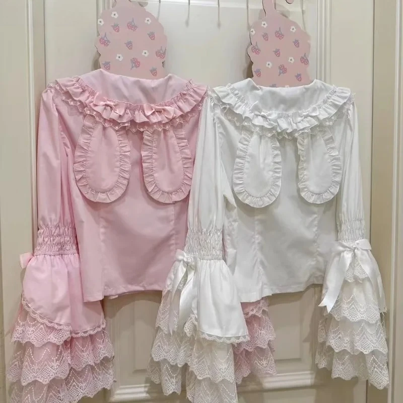 

Peter Pan Collar Women Sweet Cute Lace Bow Long Sleeve Shirts Long Ears Japanese Kawaii Lolita Ruffle Blouses Y2k Gothic Tops