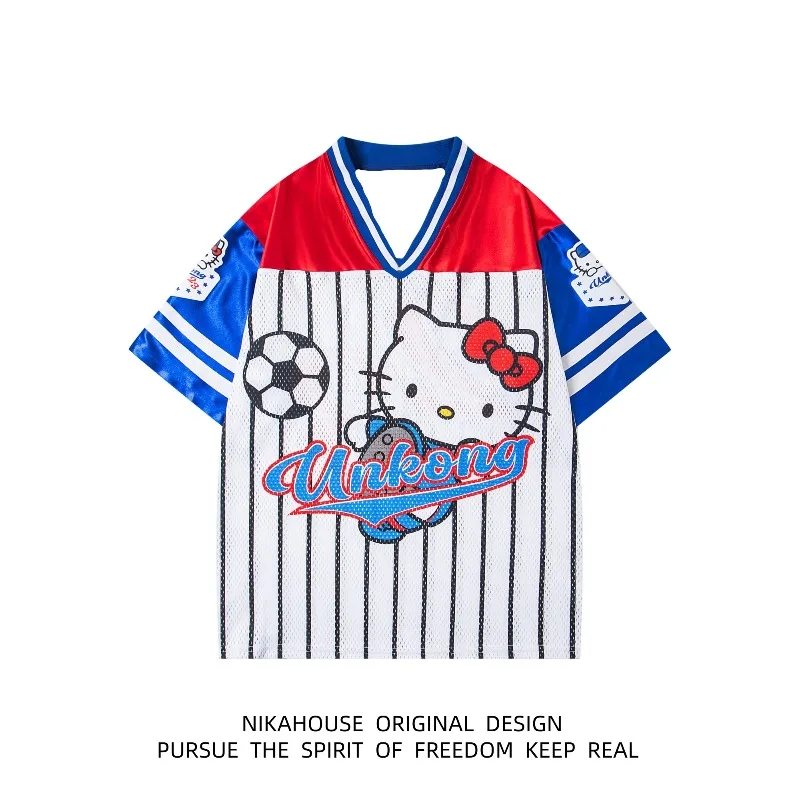 

2025 Miniso New Children's Sanrio Hello Kitty V-neck Retro Short Sleeved T-Shirt For Women Summer Fashion Casual Sports Shirt