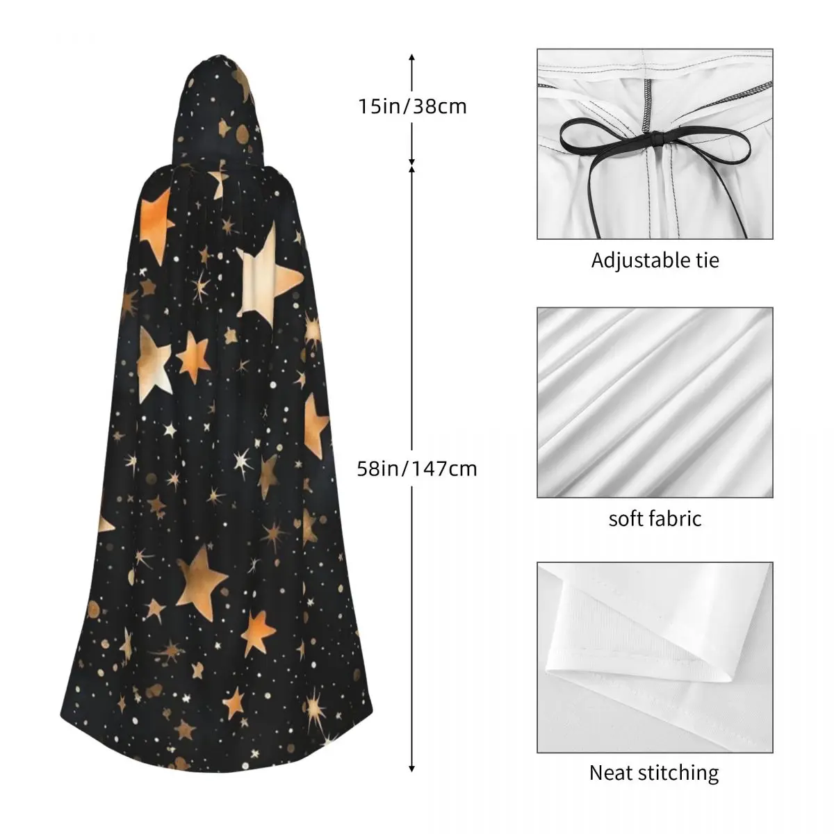 الأزرق الداكن السماء والنجوم طباعة طويلة مقنعين عباءة الساحرة القرون الوسطى زي تأثيري كيب HalloweenParty الكبار للجنسين