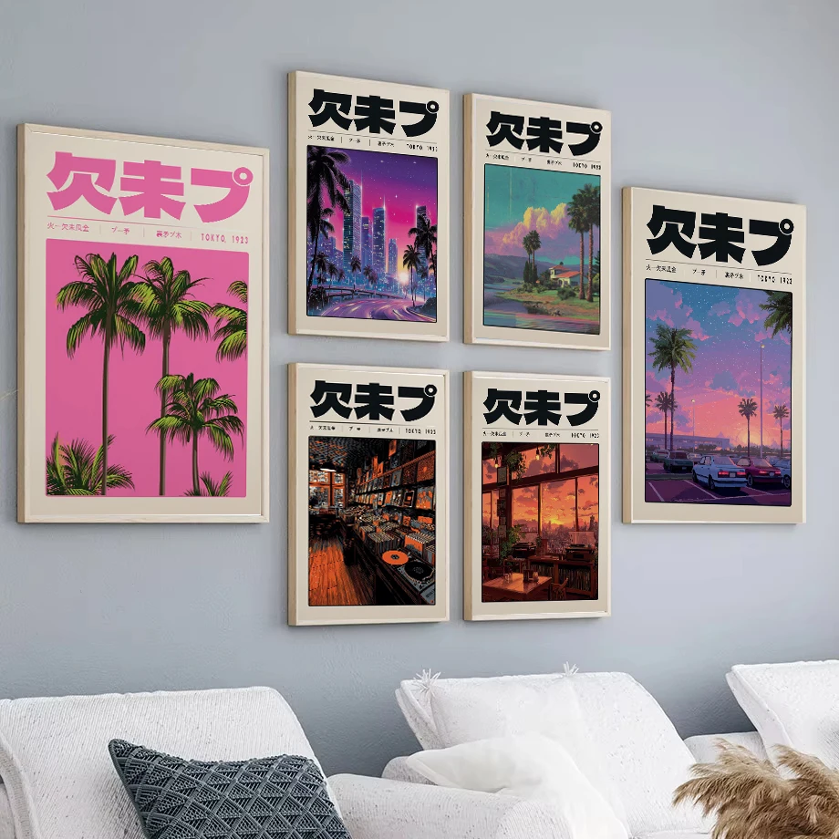 1pc frameless Canvas Painting Retro Futuristic Palm Tree Pool Neon City Sunset Illustration Poster Canvas Painting Print Wall Pi