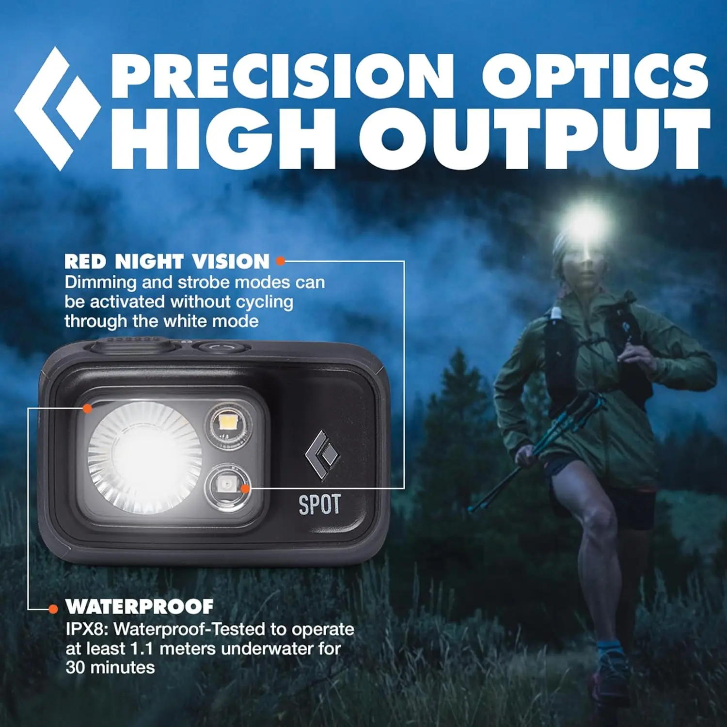 Linterna frontal impermeable de 400 lúmenes con luz regulable, banda ajustable, pilas AAA incluidas